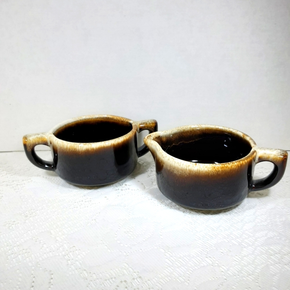 PFALTZGRAFF Gourmet Vintage Creamer & Sugar Bowl Set Brown Drip Glaze Pottery